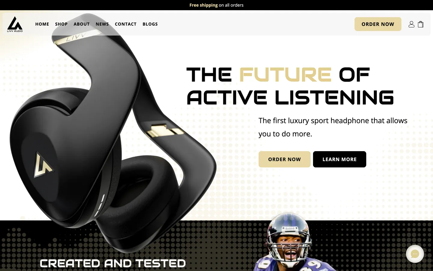 LIVV Audio — desktop view of the live ios app + e-commerce built by Frenchy Digital