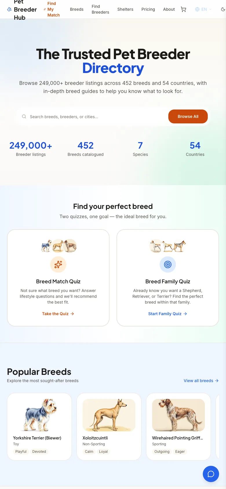 Pet Breeder Directory — mobile view