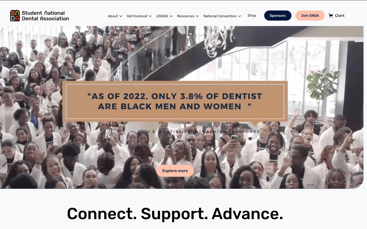 SNDA website homepage screenshot showing modern Webflow design with membership benefits, navigation, and community features