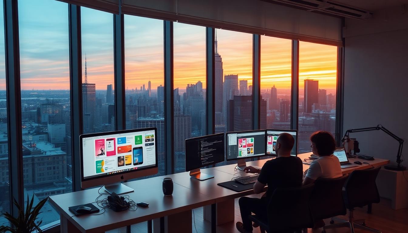 Modern mobile app design studio workspace in New York City with Manhattan skyline view