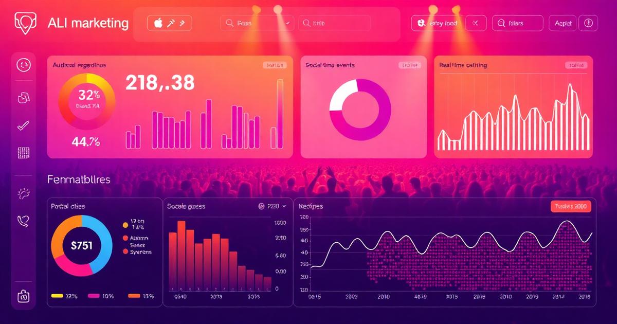 لوحة تحكم تسويق الفعاليات المدعومة بالذكاء الاصطناعي تعرض استهداف الجمهور وتحليلات أتمتة الحملات