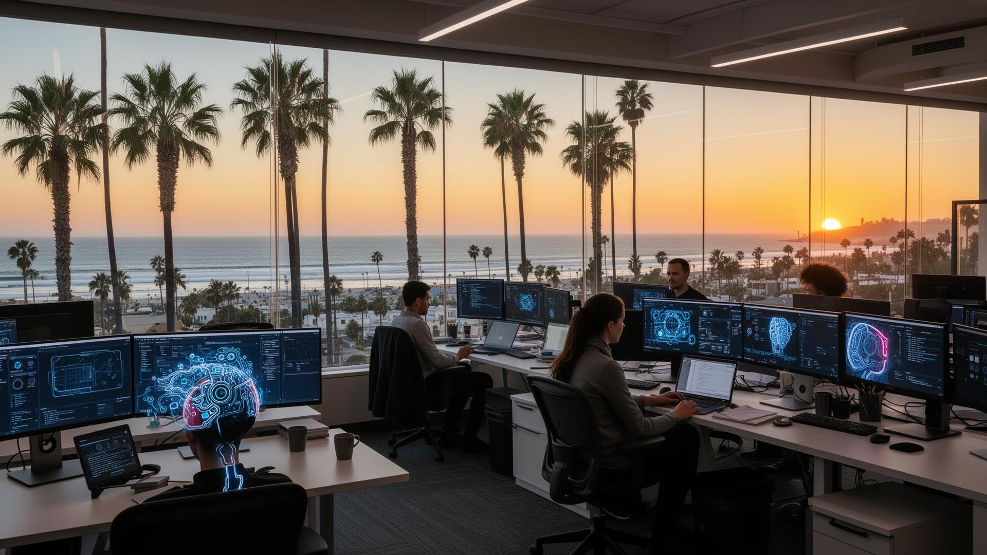 Los Angeles skyline blending Hollywood studio backlots with Silicon Beach tech offices, symbolizing the city's 2026 AI integration boom across entertainment, aerospace, and healthcare