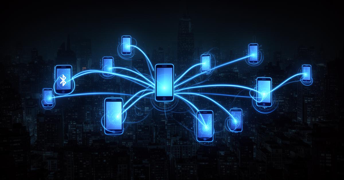 Bluetooth mesh network visualization showing smartphones connected in a decentralized network over urban cityscape