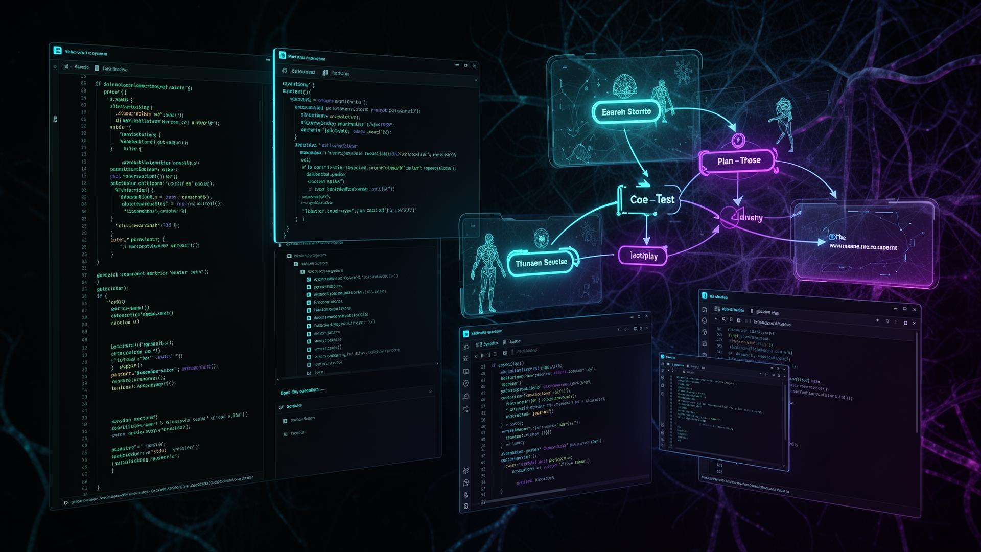 Claude Code workspace agent interface showing agentic coding environment with terminal, file system, and multi-agent workflow visualization