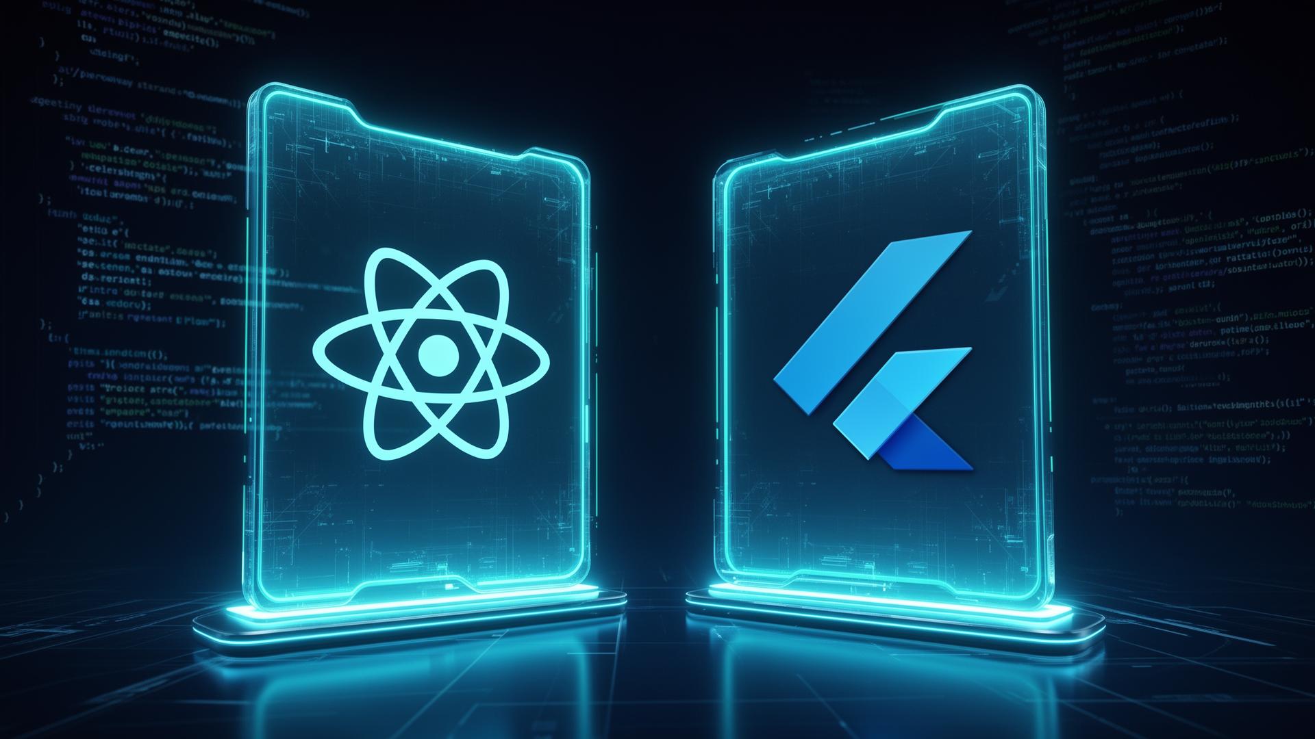 مساحة عمل تطوير تطبيقات الجوال متعددة المنصات تعرض بيئة تطوير Flutter و React Native مع تطبيقات iOS و Android