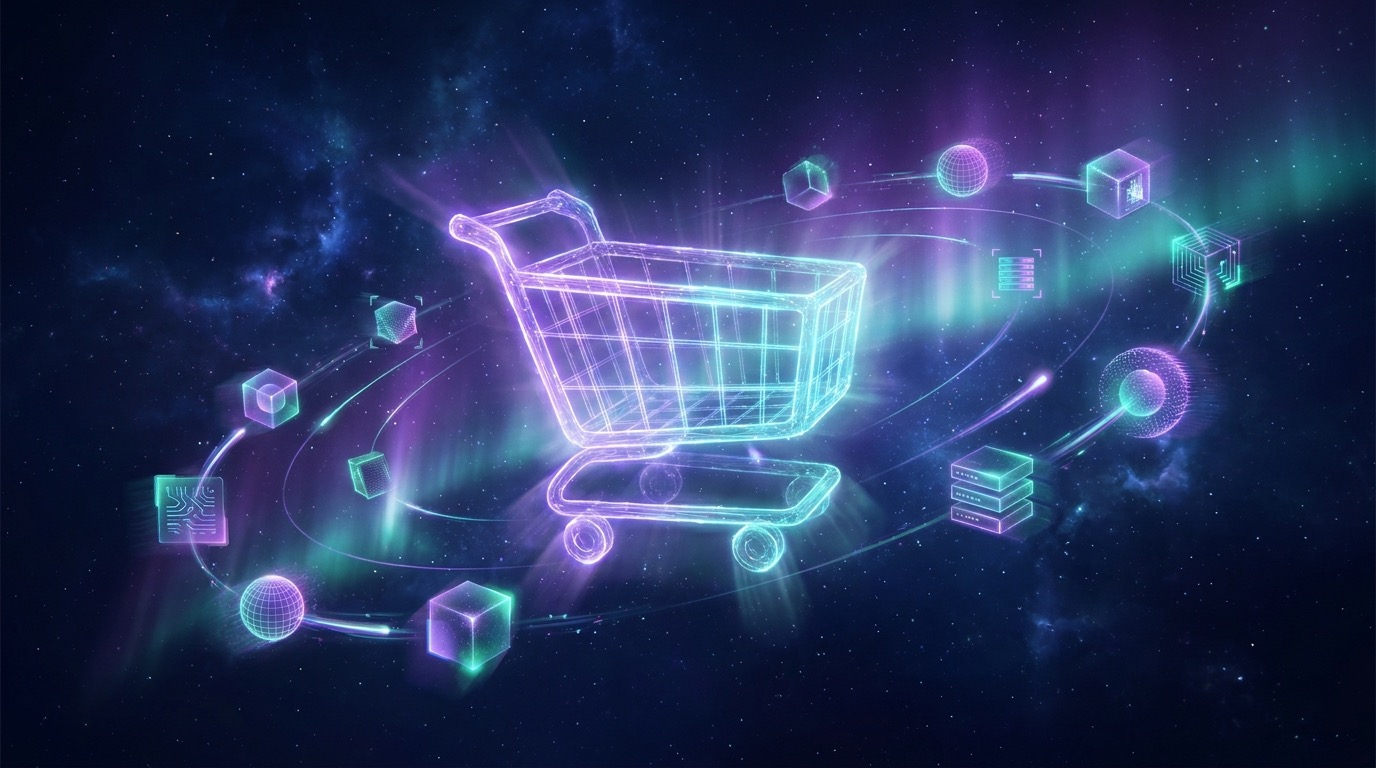 Smartphone displaying a modern e-commerce shopping app with AI-powered product recommendations, AR try-on, and one-click checkout next to a conversion analytics dashboard