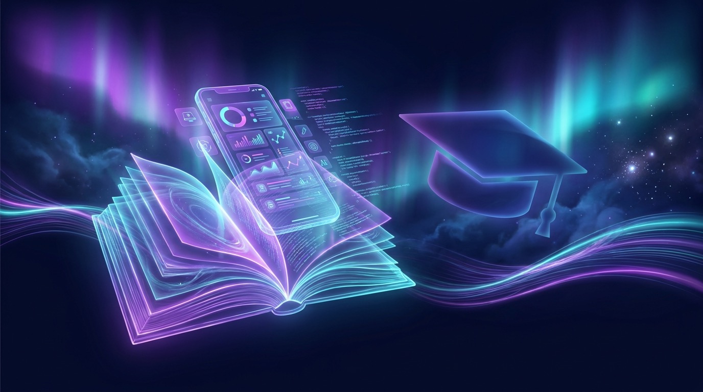Students and teachers using an AI-powered educational mobile app with adaptive learning paths, gamified progress tracking, and an AI tutor chat interface on a smartphone in a modern classroom