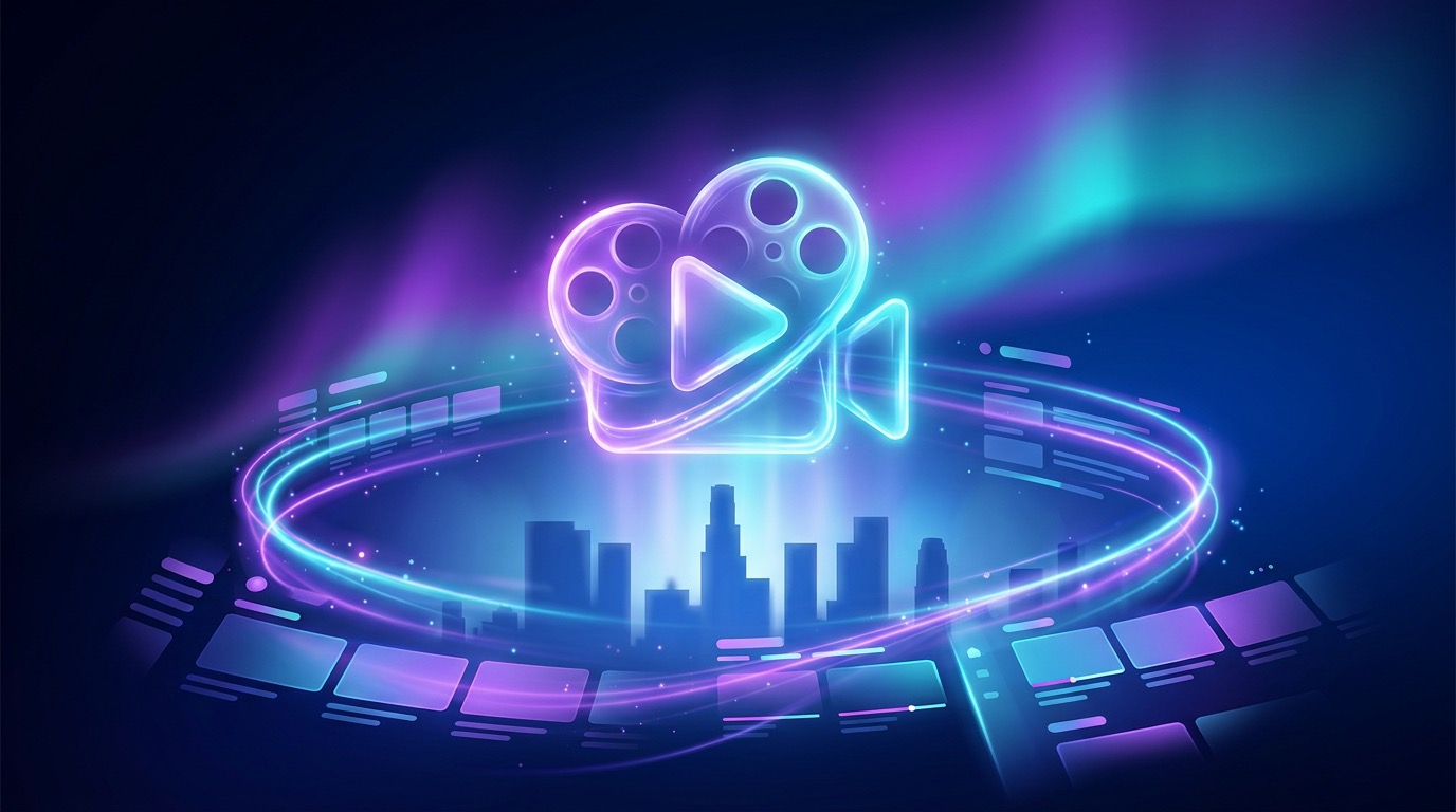 Abstract illustration of a streaming app interface with glowing orange and cyan content tiles and a personalization data stream, set against a stylized Los Angeles skyline