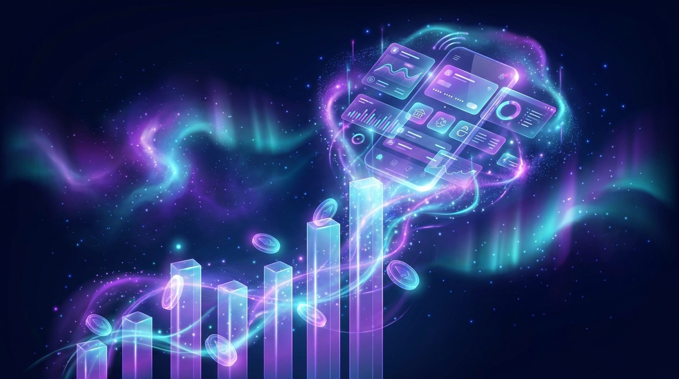 Secure financial app interface on a smartphone displaying payment processing, investment dashboards, and AI-powered fraud detection, set against the Los Angeles financial district skyline