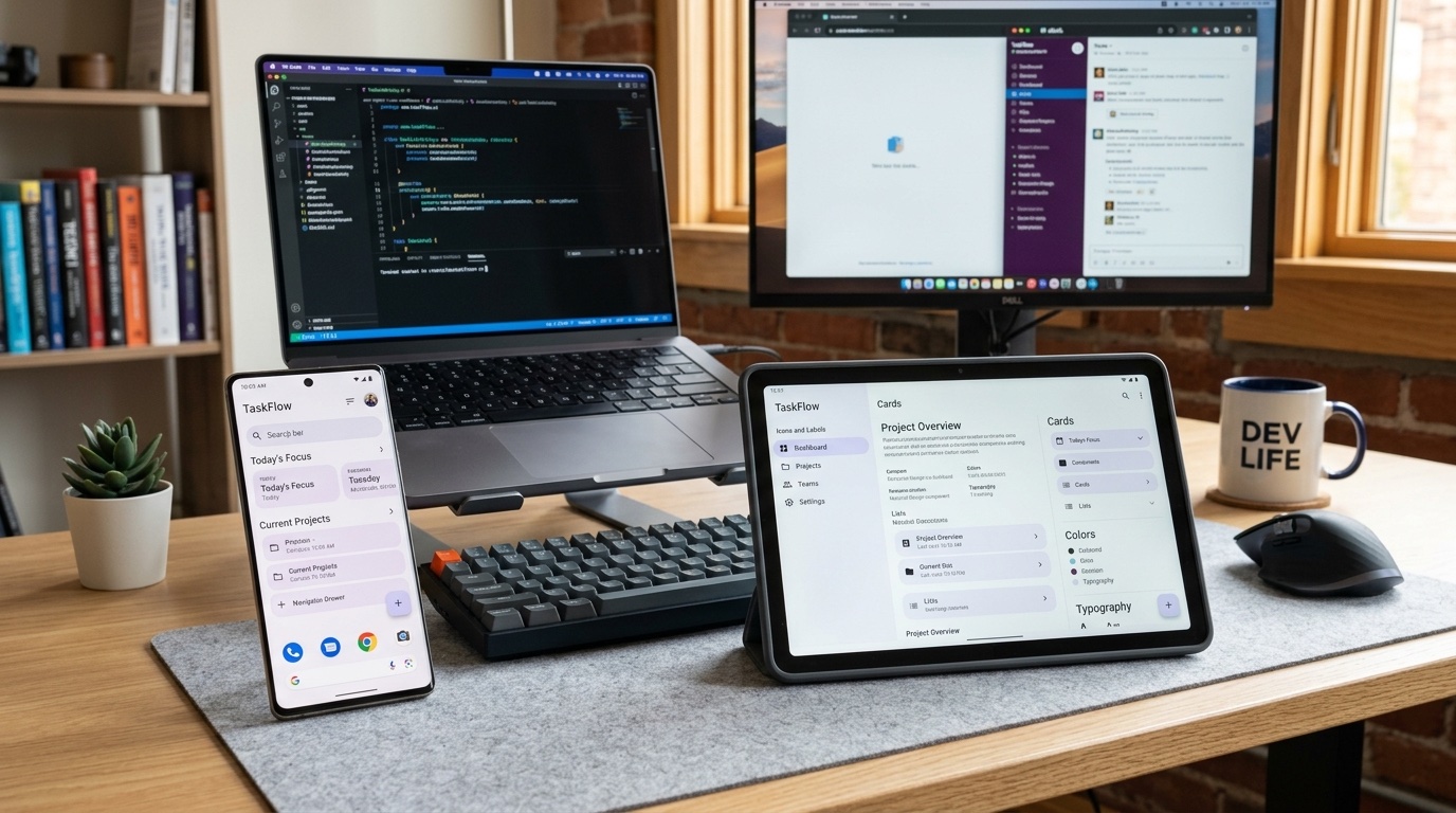 Android smartphone displaying a Google Play app store listing next to a laptop showing Kotlin and React Native code, analytics dashboards, and AI integration icons, representing product-led Google app development for Android and Google Play in 2026