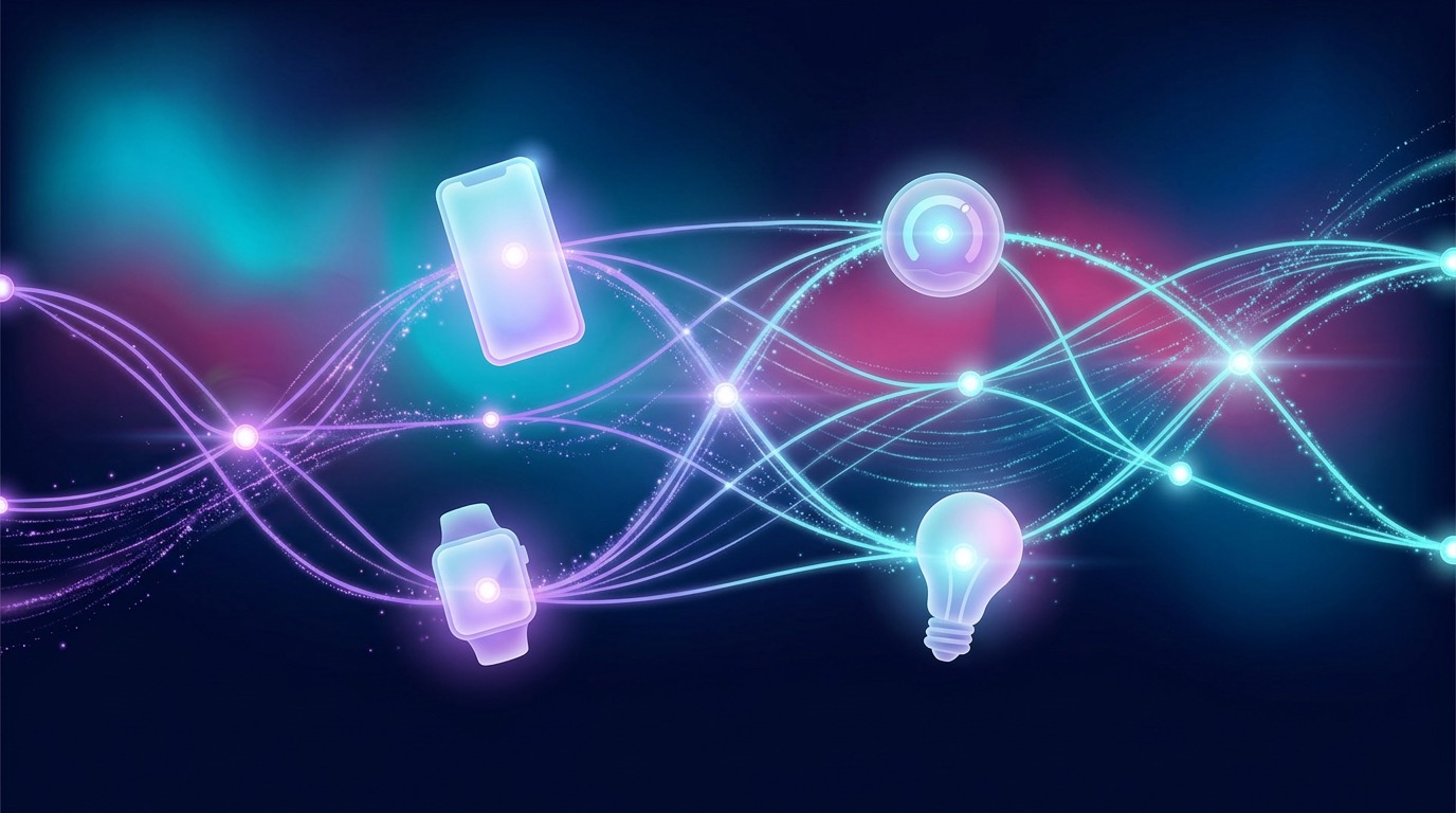 Abstract illustration of glowing orange connection lines linking smart home devices, wearables, and industrial sensors to a central cloud network, representing IoT app architecture