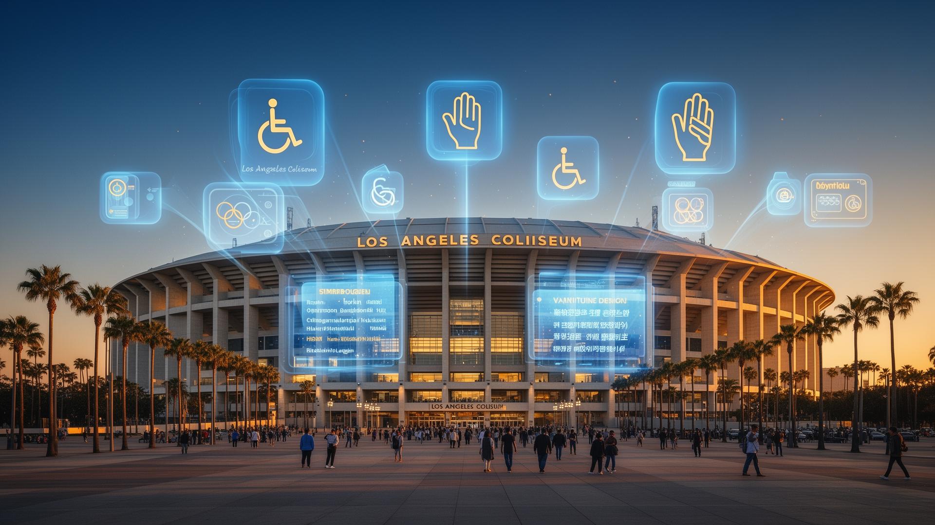 Los Angeles Olympic venue with accessibility icons and inclusive design elements