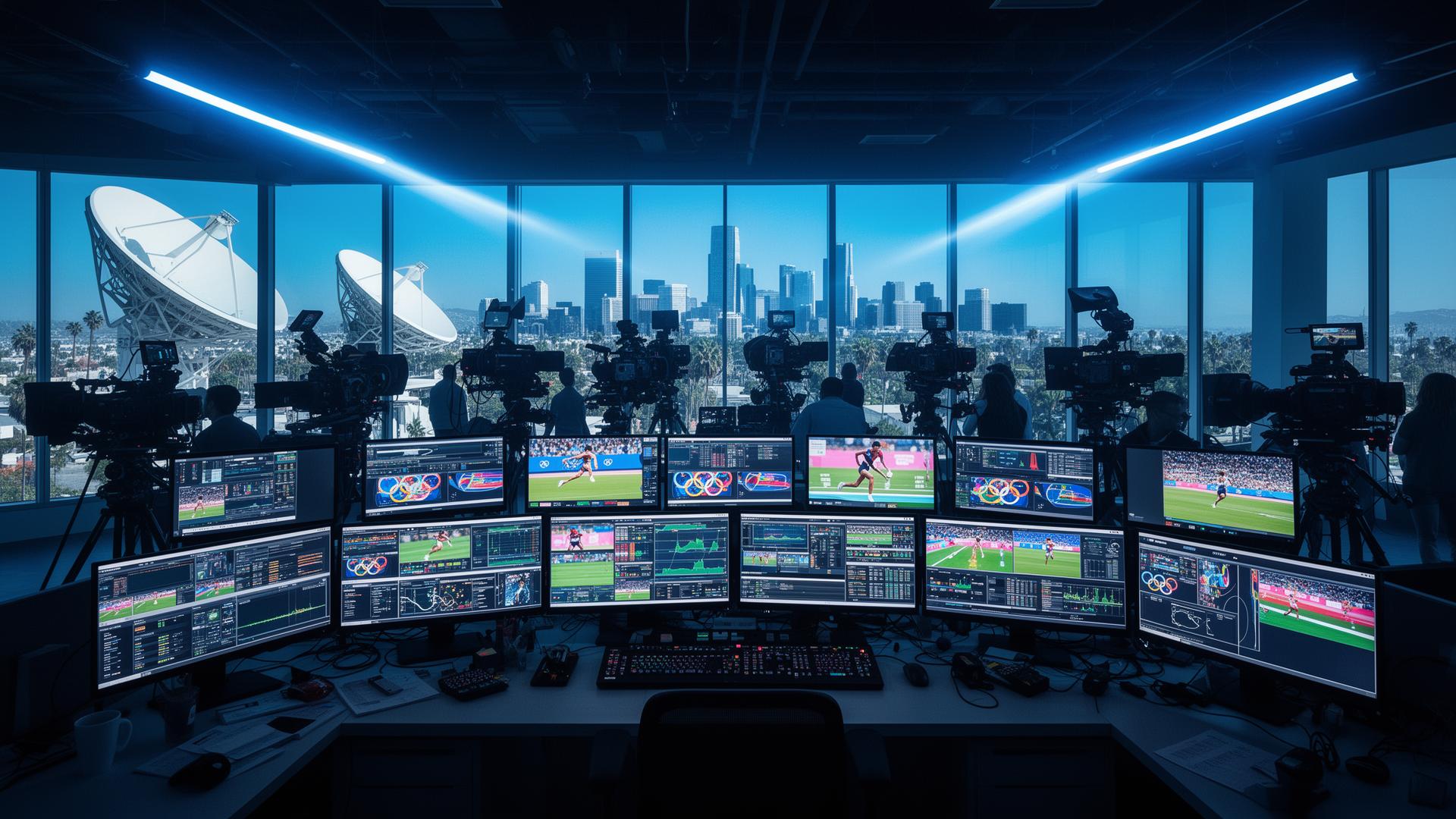 Olympic broadcast control room with multiple screens and real-time tracking displays