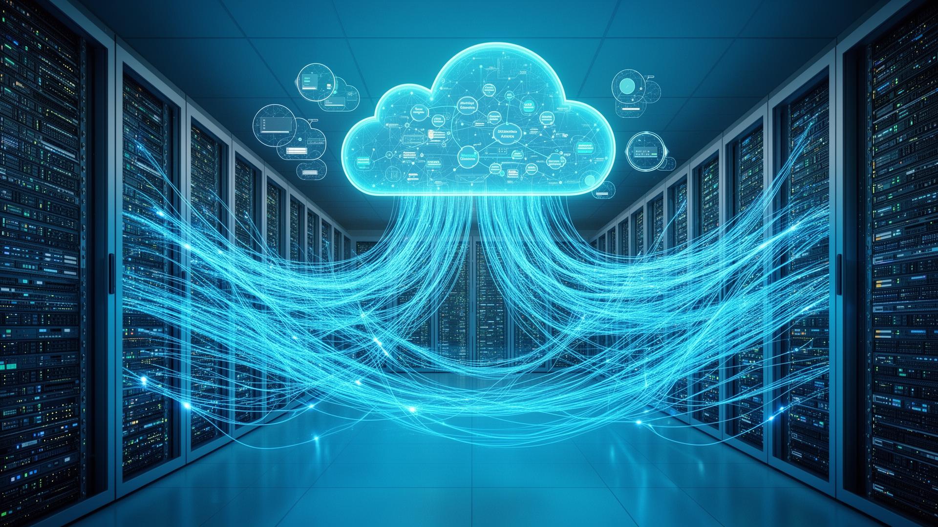 Massive data center with glowing fiber optic cables and cloud architecture visualizations