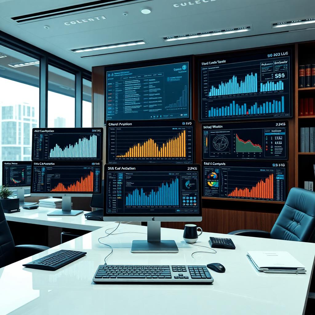 مساحة عمل لتقنية قانونية مع لوحات معلومات لتحليل العقود بالذكاء الاصطناعي وشاشات عرض للتنبؤ بالتقاضي