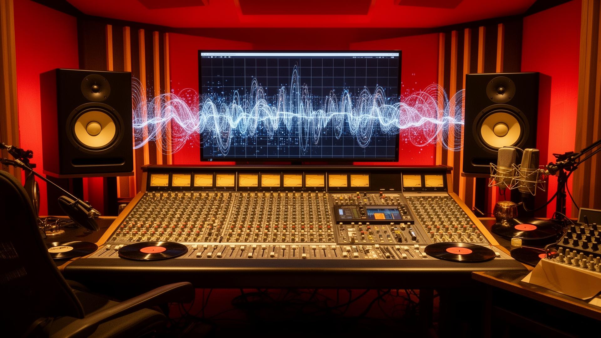 Professional music recording studio with AI sound wave visualizations