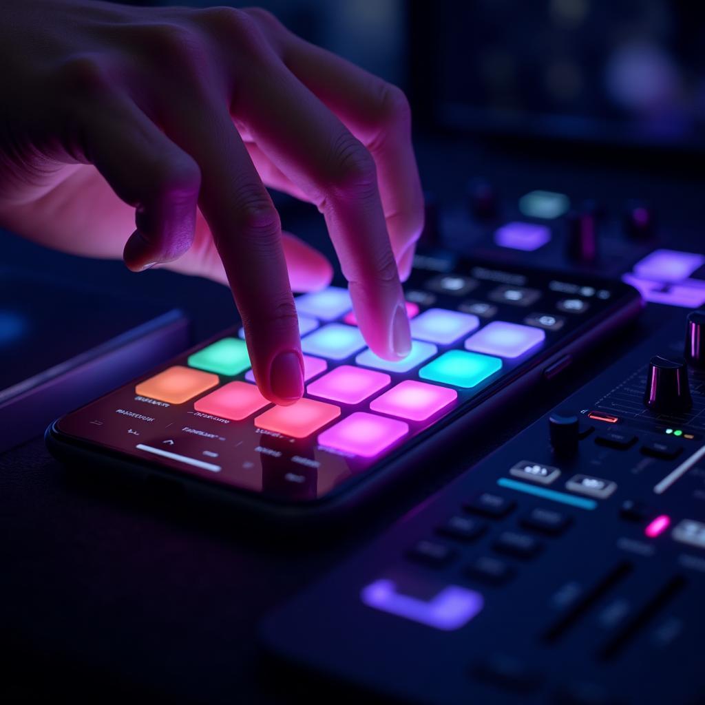 Hands tapping colorful drum pads on a smartphone music production app