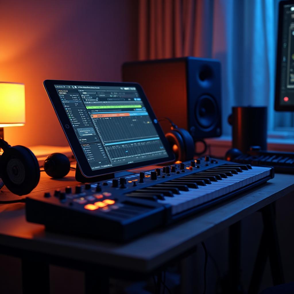 Modern electronic music producer workspace with tablet and MIDI controller