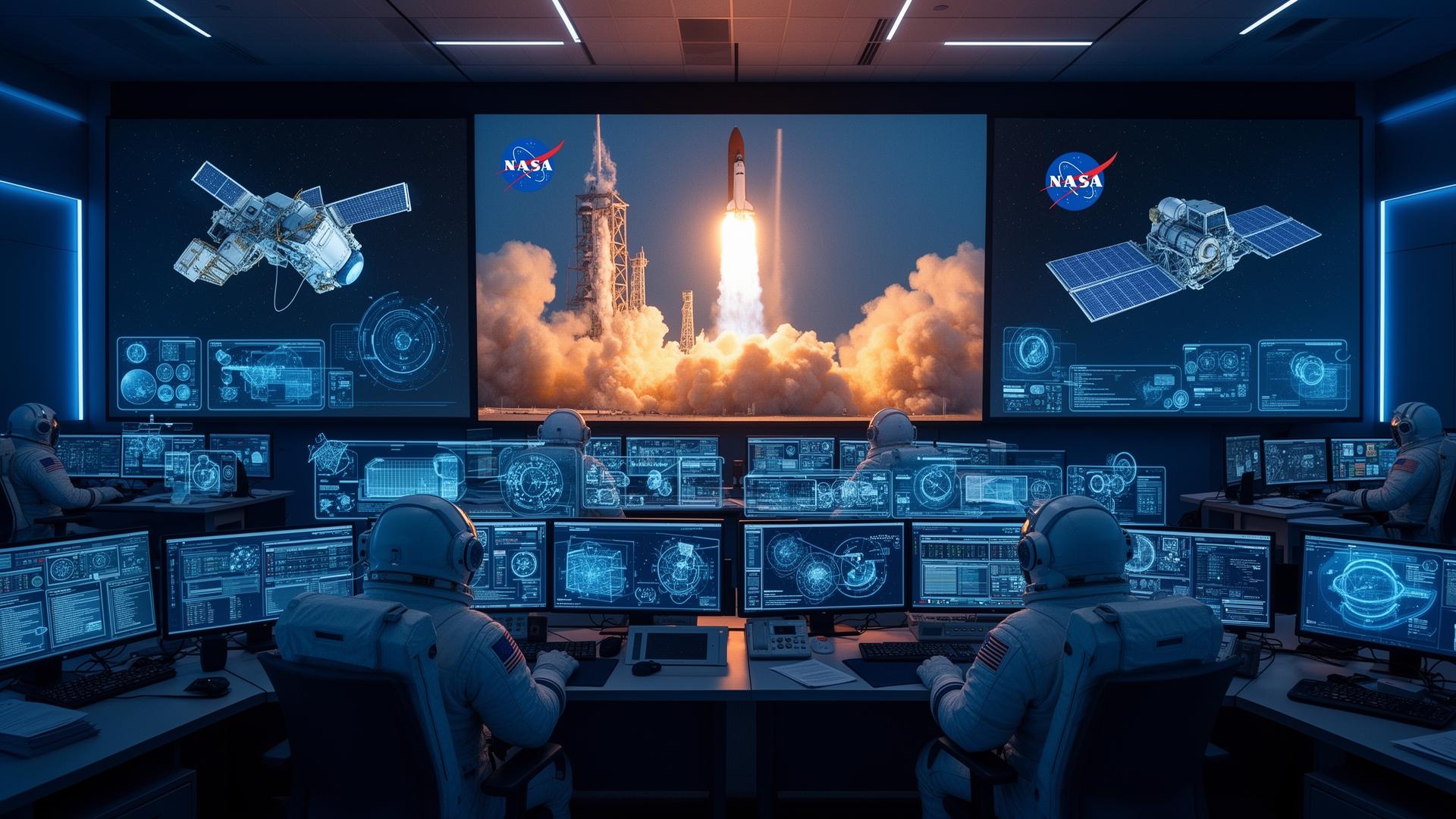 NASA mission control with live rocket launch streaming on multiple screens