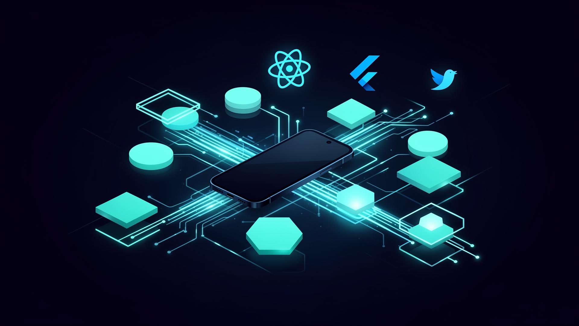 مخطط بنية React Native يوضح جسر JavaScript متصل بوحدات iOS و Android الأصلية