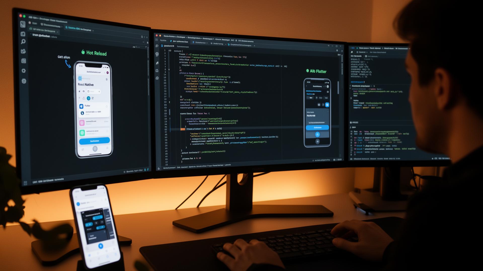 مساحة عمل مطور React Native تعرض التحديث السريع، محاكيات الجوال، وبيئة تطوير حديثة