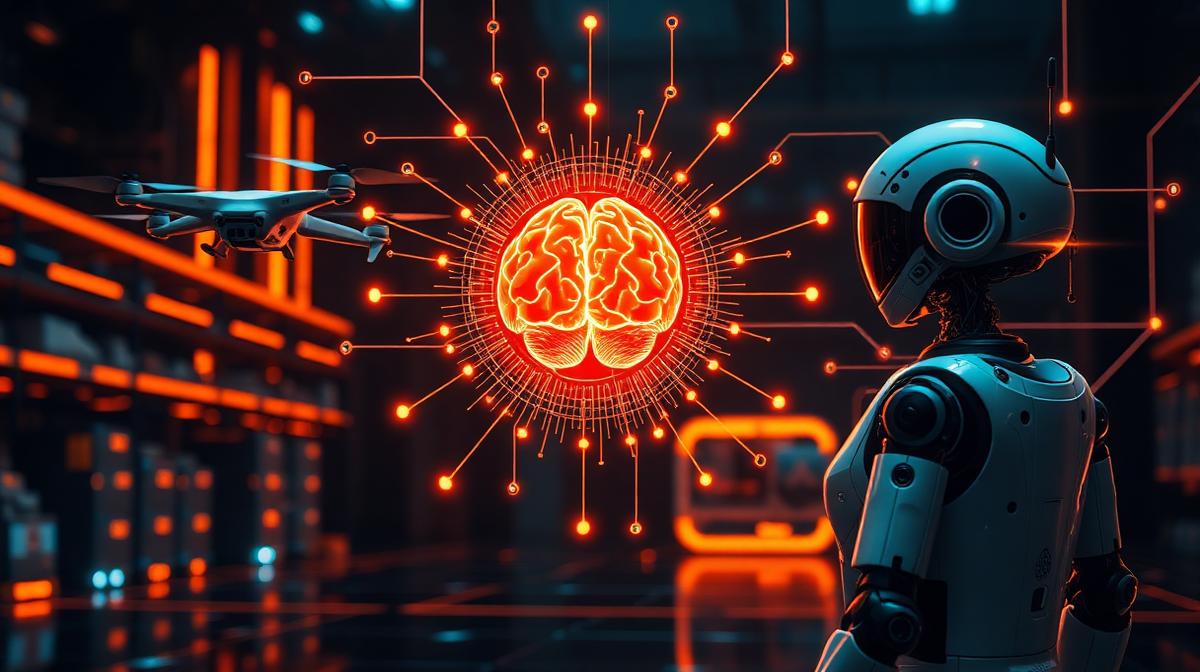 Future of robotics software showing autonomous systems controlled by sophisticated mobile apps and AI platforms