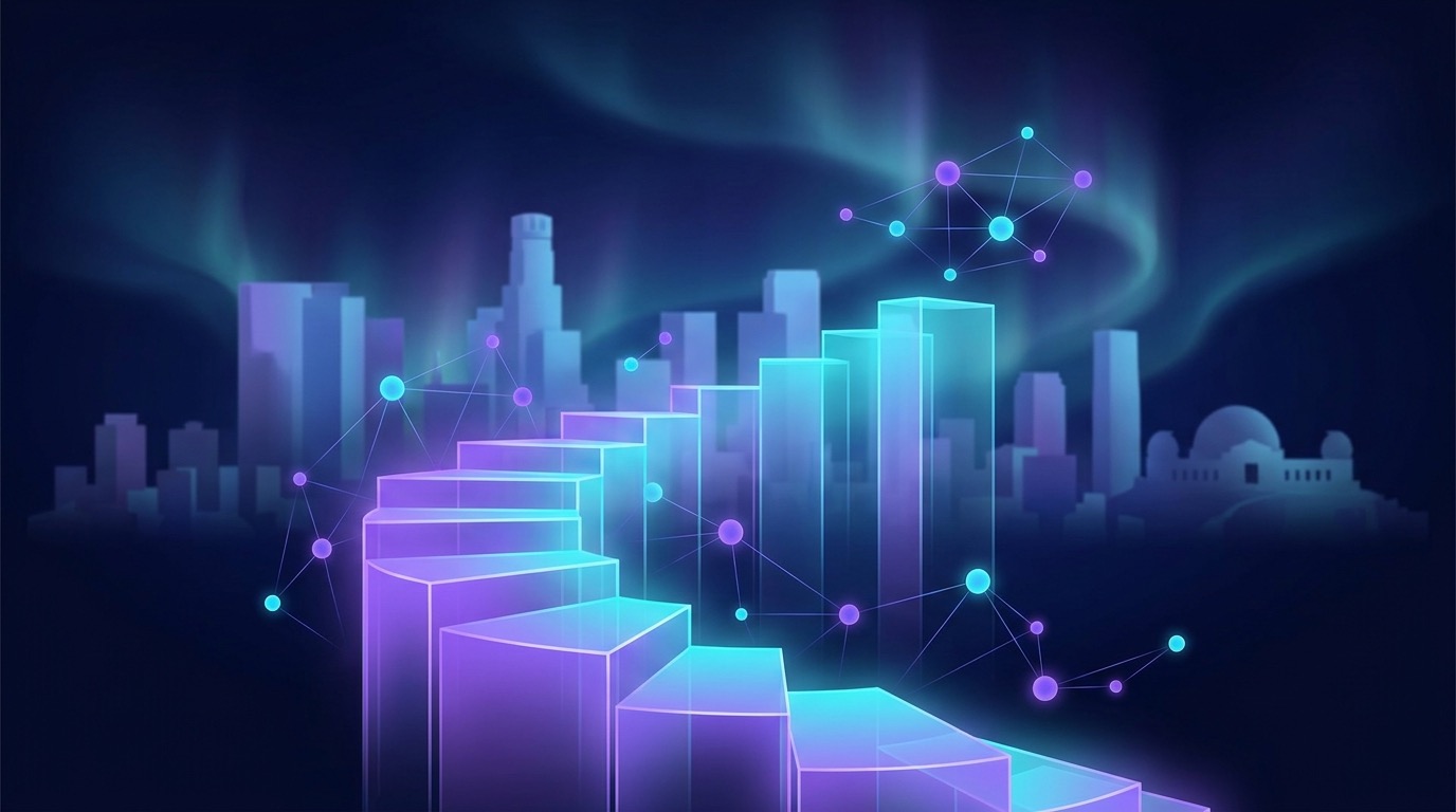 Abstract illustration of glowing orange and cyan neural network nodes forming a map of Los Angeles, representing AI agent development companies in the city