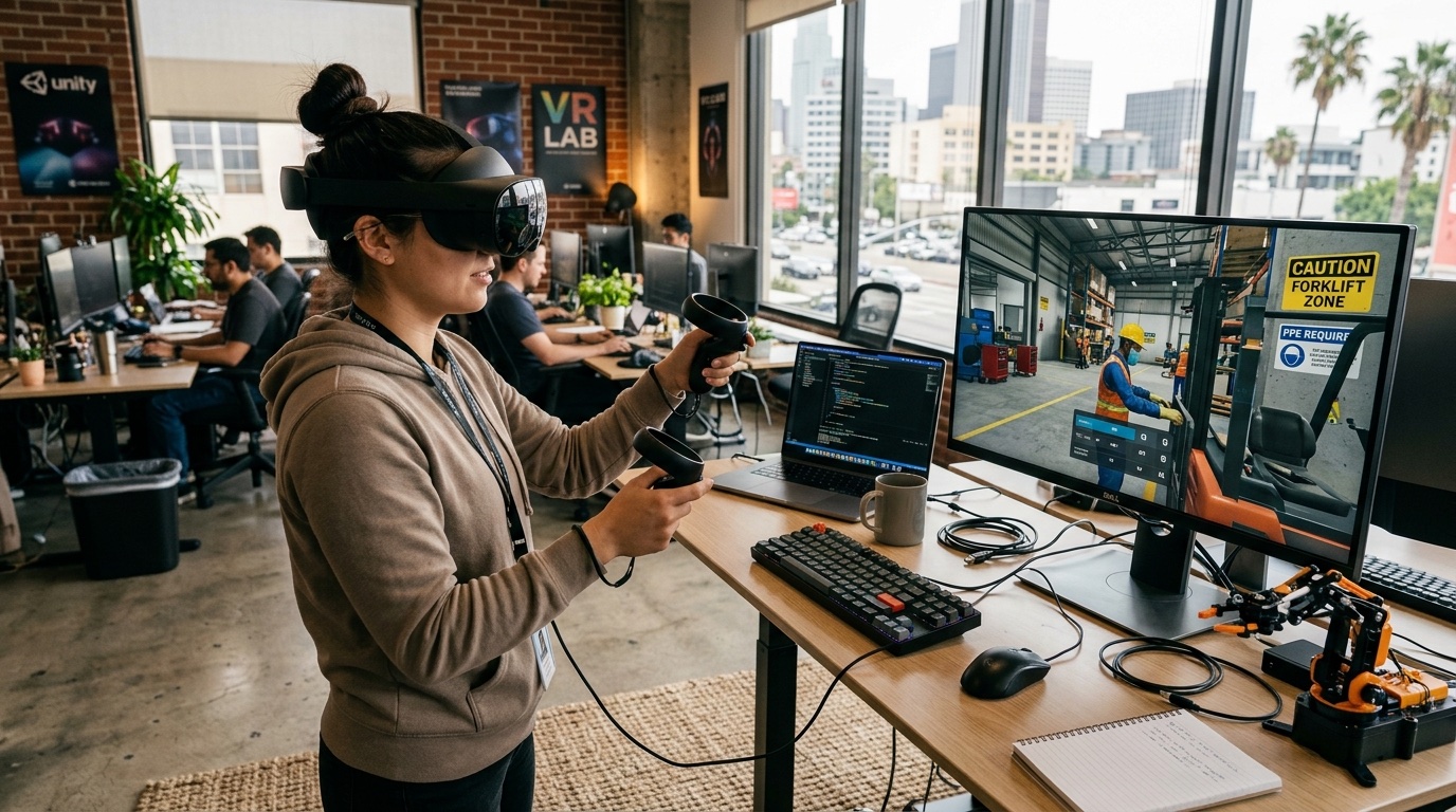 Immersive virtual reality development scene showing a VR headset user interacting with a 3D training simulation alongside developers monitoring the experience on screens in a Los Angeles tech studio