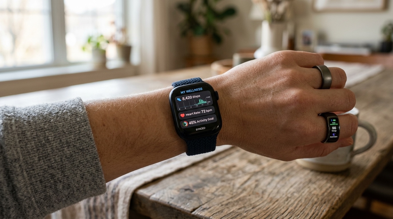 Collection of wearable devices including Apple Watch, Samsung Galaxy Watch, Oura Ring, and Fitbit displaying health metrics and fitness data alongside a React Native companion app on a smartphone