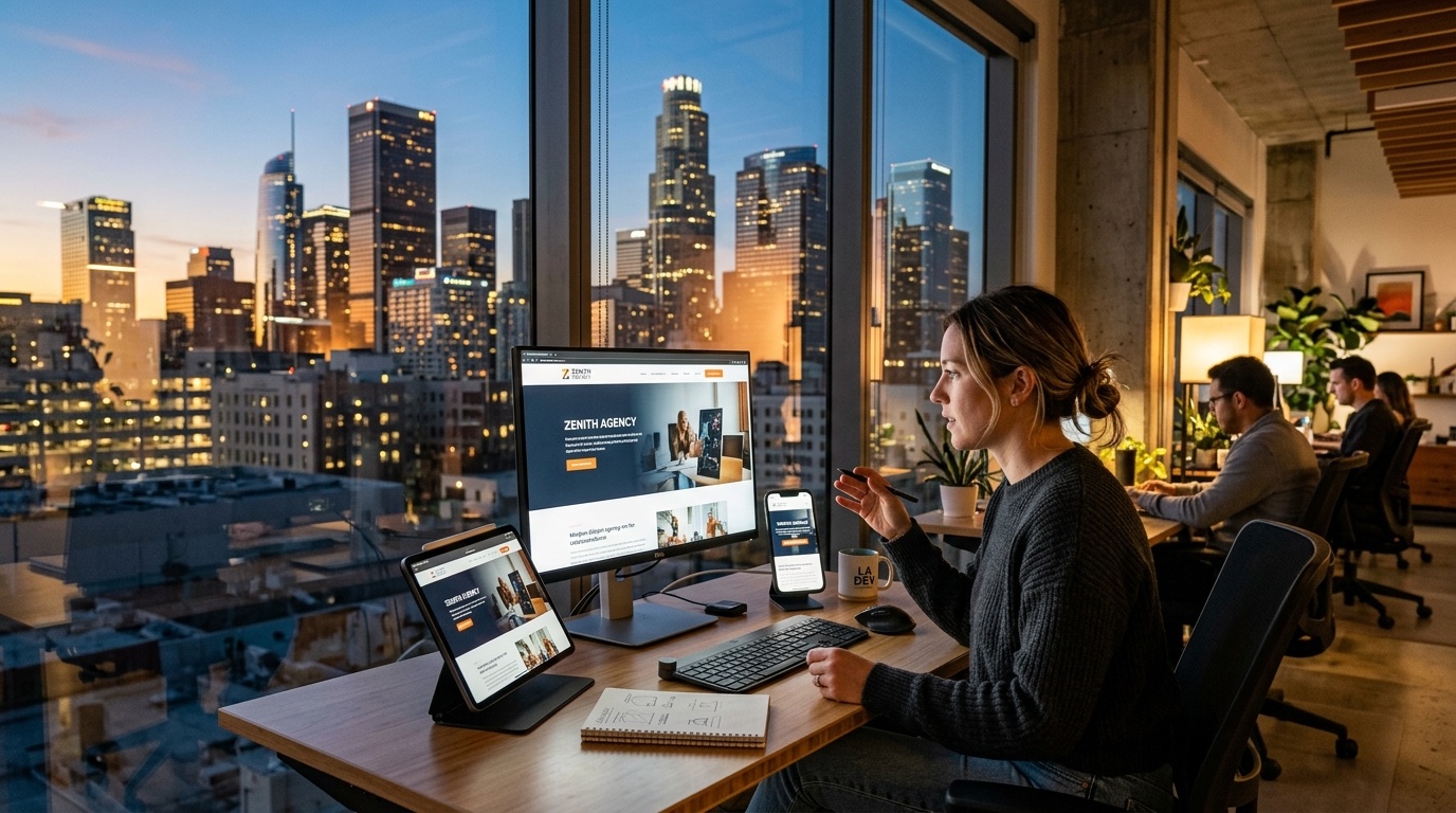 Modern Los Angeles office workspace with web developers collaborating on a responsive website design displayed across desktop, tablet, and mobile devices with the LA skyline visible through floor-to-ceiling windows